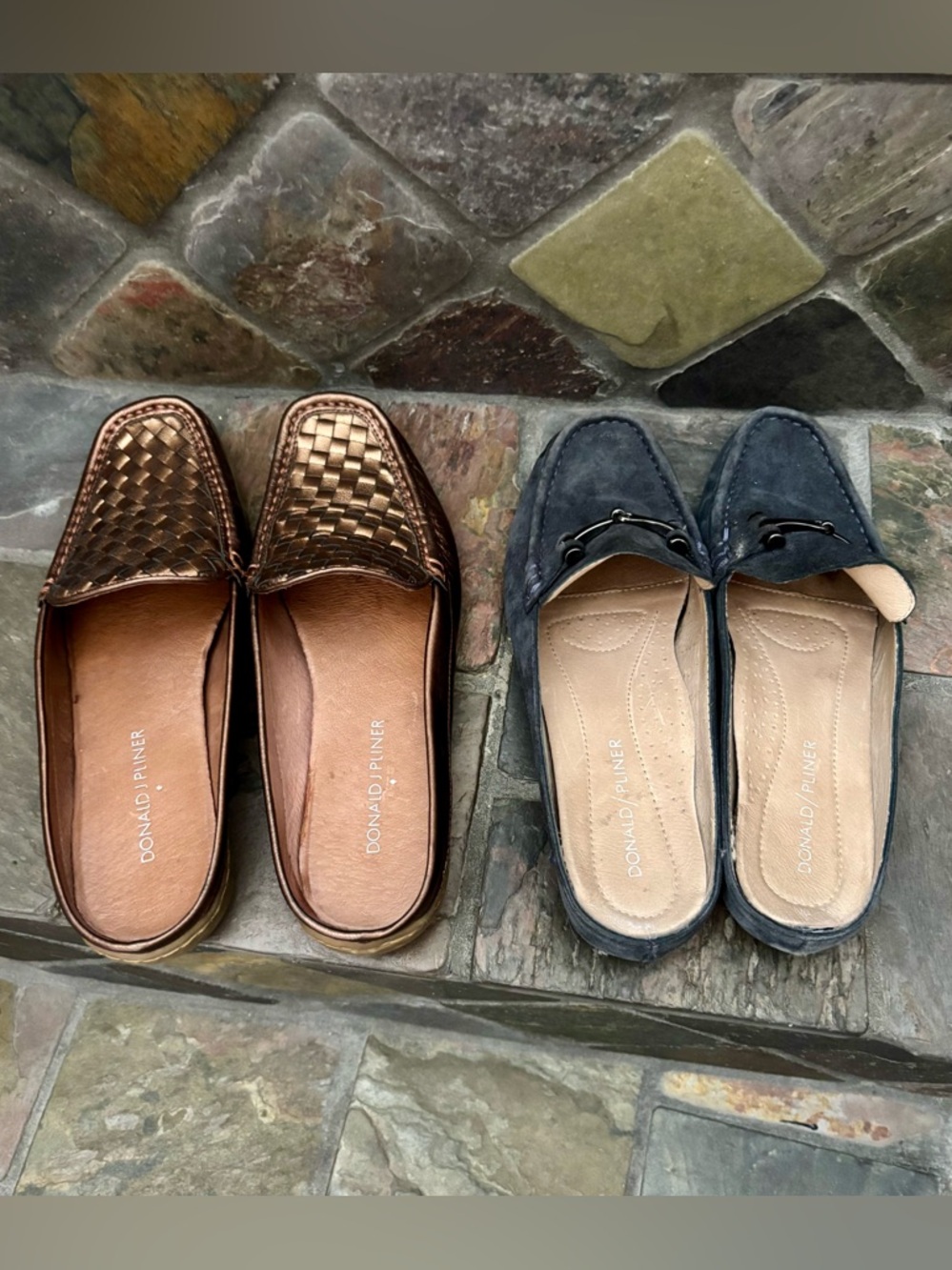 Donald J. Pliner Two-Pair Mules Leather Slides— Bronze Woven& Slate Blue Loafer - Picture 4 of 6
